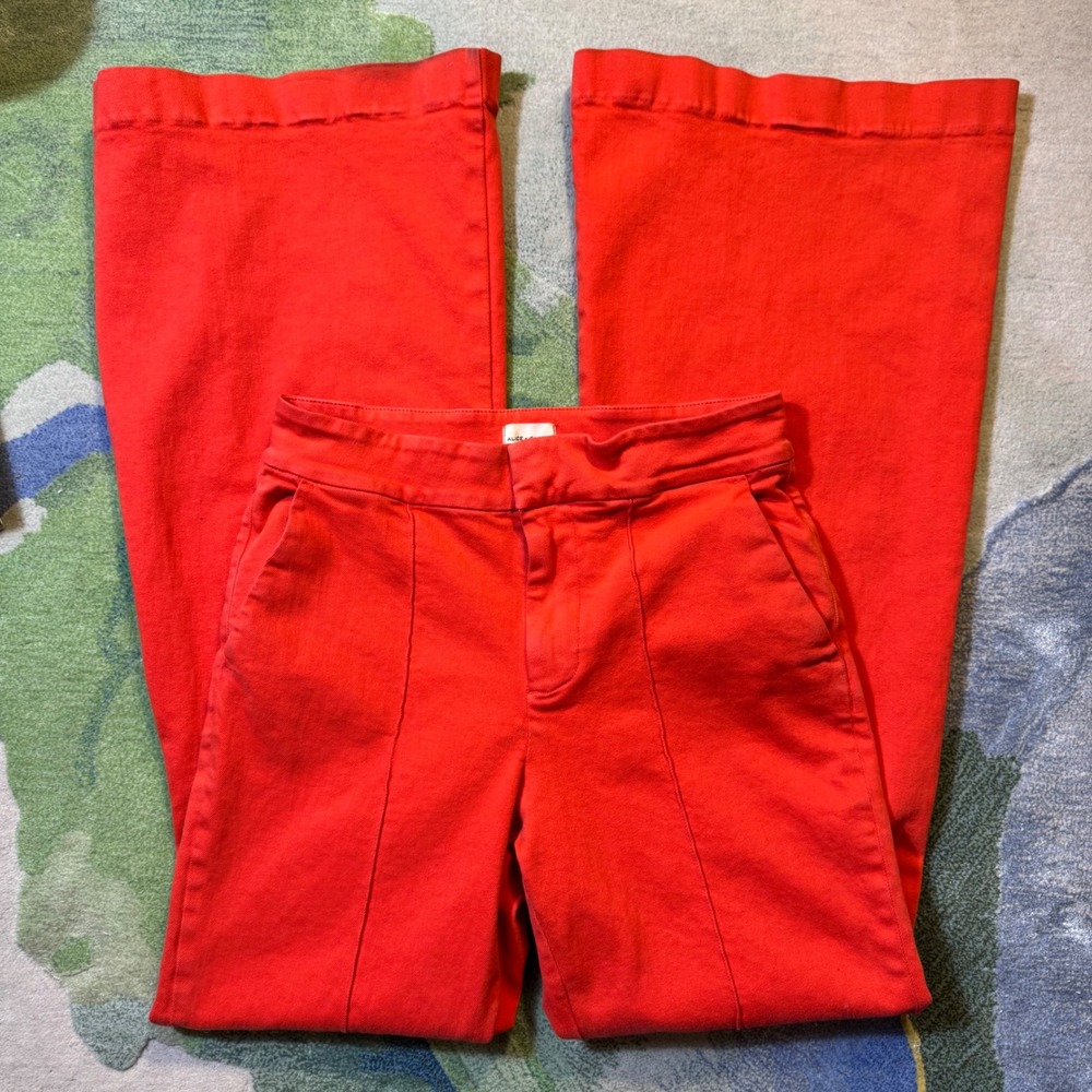 Alice + Olivia Jeans Red High Rise Wide Leg Flare Pants Front Seam Detail